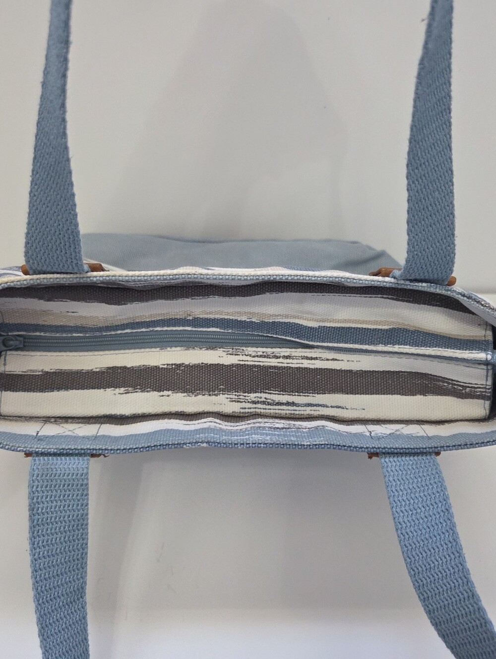 THIRTY-ONE Small Tote Bag Canvas Purse Blue White Double Shoulder Straps - Picture 3 of 14